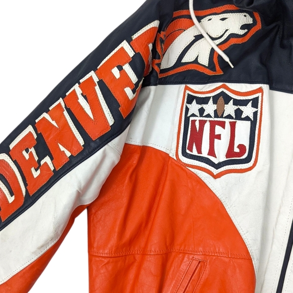 Vintage 90s Denver Broncos Leather Jacket Bootleg Mens XL Orange Blue Football - Picture 9 of 14